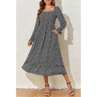 Black Floral Printed Long Sleeve Square Neck Midi Dress - XL thumbnail