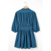 Prussian Blue 3/4 Sleeve Shirred High Waist Buttoned Mini Dress - L thumbnail