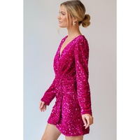 Pitaya Pink Velvet Sequin Long Sleeve V Neck Wrapped Mini Dress - S thumbnail