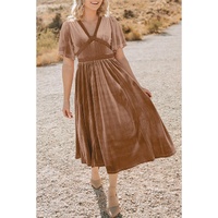 Chestnut Velvet Lacy V Neckline Short Sleeve Empire Waist Flowy Maxi Dress - L thumbnail