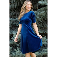 Sail Blue Velvet Ruched Short Sleeve Pocketed Mini Dress - M thumbnail