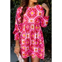 Strawberry Pink Geometric Print Smocked Long Sleeve Mini Dress - S thumbnail
