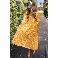 Yellow Flower Print Bracelet Sleeve Buttons Collared Maxi Dress - S thumbnail