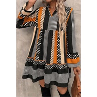 Black Striped Polka Dot Print Ruffled Hem V Neck Mini Dress - XL thumbnail