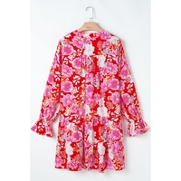 Red Floral Print High Waist V Neck Babydoll Mini Dress - L thumbnail