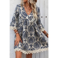 Sky Blue Vintage Printed Lace Trim V Neck 3/4 Sleeve Loose Dress - S thumbnail