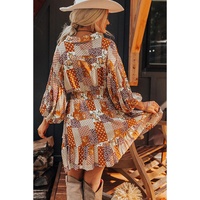 Orange Boho Floral Puff Sleeve Smocked Waist Mini Shirt Dress - L thumbnail