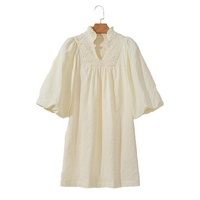 White Floral Textured Bubble Sleeve Frilled Notched Neck Dress - XL thumbnail