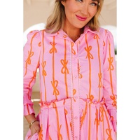 Pink Bowknot Striped Printed Tiered Ruffled Mini Shirt Dress - L thumbnail