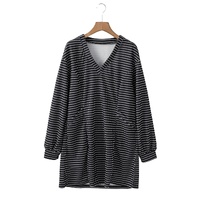 Black Striped V Neck Long Puff Sleeve Shift Dress - L thumbnail