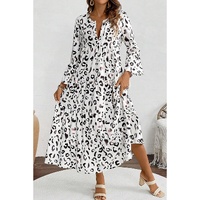White Leopard Print Notch V Neck Loose Fit Maxi Dress - S thumbnail