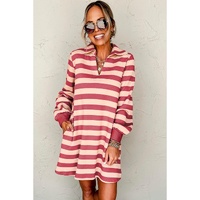 Pink Stripe Collared V Neck Long Sleeve Loose Casual Dress - L thumbnail