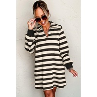 Black Stripe Collared V Neck Long Sleeve Loose Casual Dress - XL thumbnail