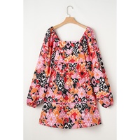 Pink Bohemian Square Neck Puff Sleeve Mini Dress - L thumbnail