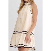 Khaki Stripe Ric Rac Trim Halter A-line Sleeveless Mini Dress - L thumbnail