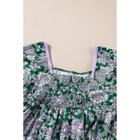Green Floral Print Piping Trim Bubble Sleeve Square Neck Dress - L thumbnail
