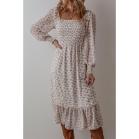 White Floral Print Shirred Ruffled Hem Square Neck Midi Dress - L thumbnail