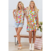 Sky Blue Floral Print Smocked Notch V Neck Flutter Sleeve Mini Dress - M thumbnail