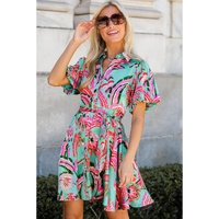 Green Abstract Print Lace-up High Waist Buttoned Mini Dress - XL thumbnail
