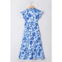Sky Blue Floral Print Tiered Frilled Trim Flutter Sleeve Maxi Dress - S thumbnail