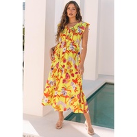 Yellow Cheetah Plant Print Shirred Button V Neck Maxi Dress - S thumbnail