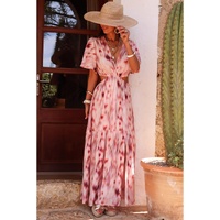 Pink Abstract Printed Flutter Sleeve Daring Cutout Long Dress - L thumbnail