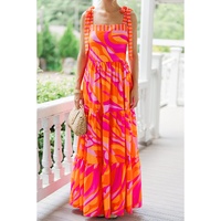 Red Abstract Print Knotted Shoulder High Waist Maxi Dress - M thumbnail