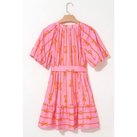 Pink Bowknot Striped Printed Bubble Sleeve Buttoned Belted Mini Dress - L thumbnail