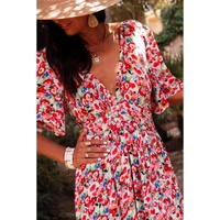 Red Floral Half Sleeve Deep V Neck Cutout Back Split Maxi Dress - L thumbnail