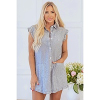 Blue Stripe Frilled Sleeveless Collar Front Pocket Button Up Mini Dress - S thumbnail
