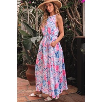 Sky Blue Floral Printed Sleeveless O Neck Knot Waist Maxi Dress - XL thumbnail
