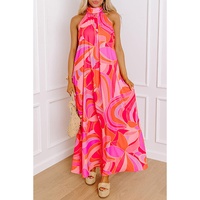 Rose Abstract Printed High Neck Knotted Nape Sleeveless Maxi Dress - L thumbnail