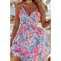Sky Blue Floral Spaghetti Strap Surplice Neck Shirred Waist Mini Dress - L thumbnail