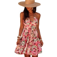 Pink Floral Sleeveless Halter Neck Shirred Back Ruffled Mini Dress - L thumbnail