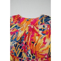 Pink Plant Print Flared Sleeve Ruffled Hem Tunic High Waist Flowy Dress - L thumbnail