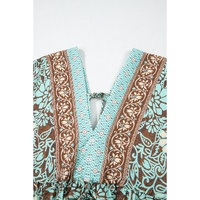 Green Boho Floral Print Lace-up Open Back High Waist Maxi Dress - S thumbnail