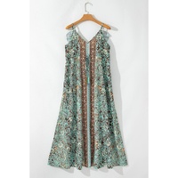 Green Floral Print V Neck Ruffled Trim Backless Tassel Waist Maxi Dress - L thumbnail