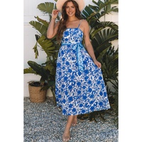 Blue Floral Printed Spaghetti Strap Maxi Dress with Waist Tie - S thumbnail