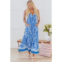 Blue Paisley V Neck Crisscross Backless Maxi Dress - L thumbnail