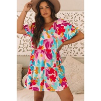 Rose Red Floral Bubble Sleeve V Neck Tiered Ruffle Babydoll Dress - XL thumbnail