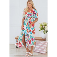 Rose Red Floral Knot Puff Sleeve V Neck Buttoned Front Split Lace Maxi Dress - S thumbnail