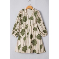 Guacamole Green Floral Striped Print Contrast Piping Puff Sleeve Dress - L thumbnail