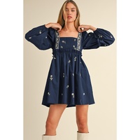 Blue Floral Embroidered Square Neck Puff Sleeve Ruffled Mini Dress - XL thumbnail