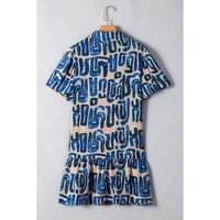 Beige Abstract Print Bubble Sleeve Button up Mini Dress - M thumbnail