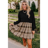 Black Plaid Patchwork High Waist Sweatshirt Mini Dress - M thumbnail