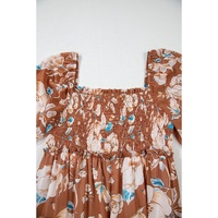 Brown Floral Print Shirred Square Neck High Waist Maxi Dress - L thumbnail