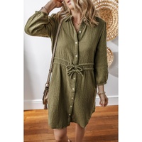 Jungle Green Textured Bracelet Sleeve Collared Button Up Dual Tied Mini Dress - S thumbnail