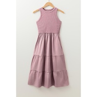 Sepia Rose Ribbed Vest Patchwork Tiered Midi Dress with Pockets - L thumbnail