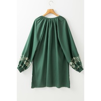 Mist Green Tie Neck Boho Floral Pattern Puff Sleeve Shift Dress - L thumbnail