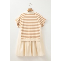 Khaki Stripe Two-in-one Collared Cap Sleeve Patchwork Loose Mini Dress - L thumbnail